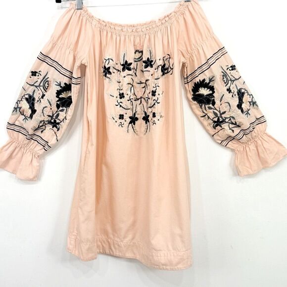 Free People Peach Navy Floral Embroidered Off Shoulder Mini Tunic Dress - Picture 5 of 16